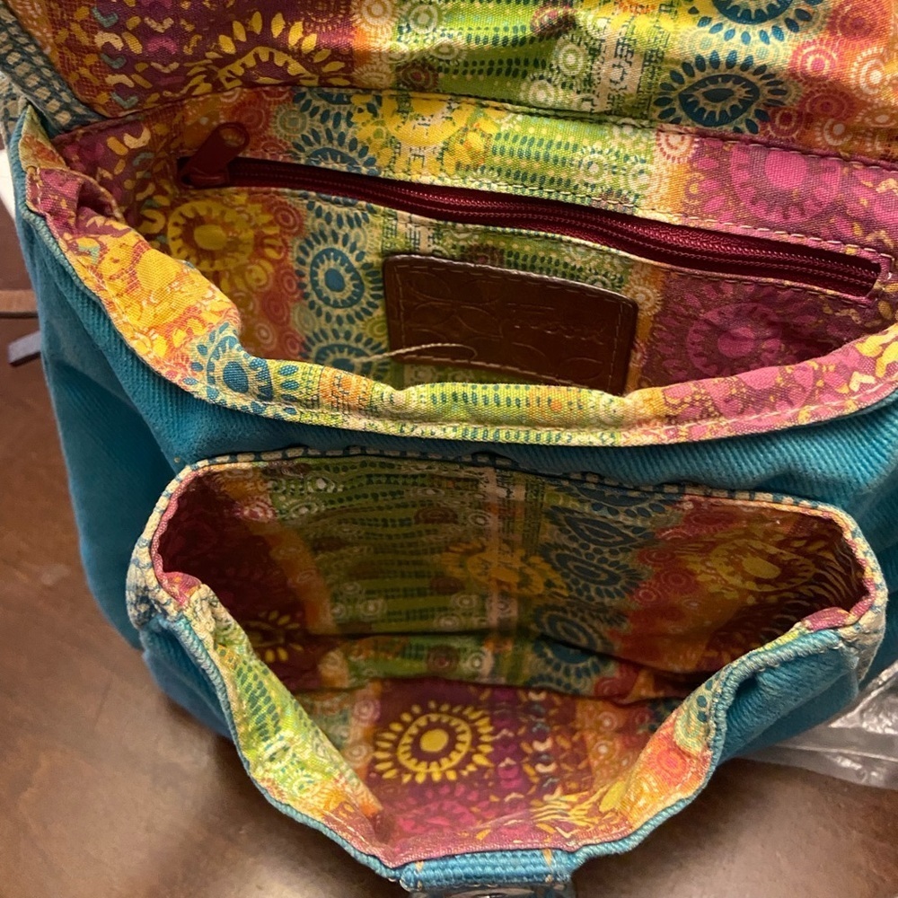 Fossil canvas and leather trim crossbody bag in a turquoise blue and brown Vtg - Picture 6 of 7